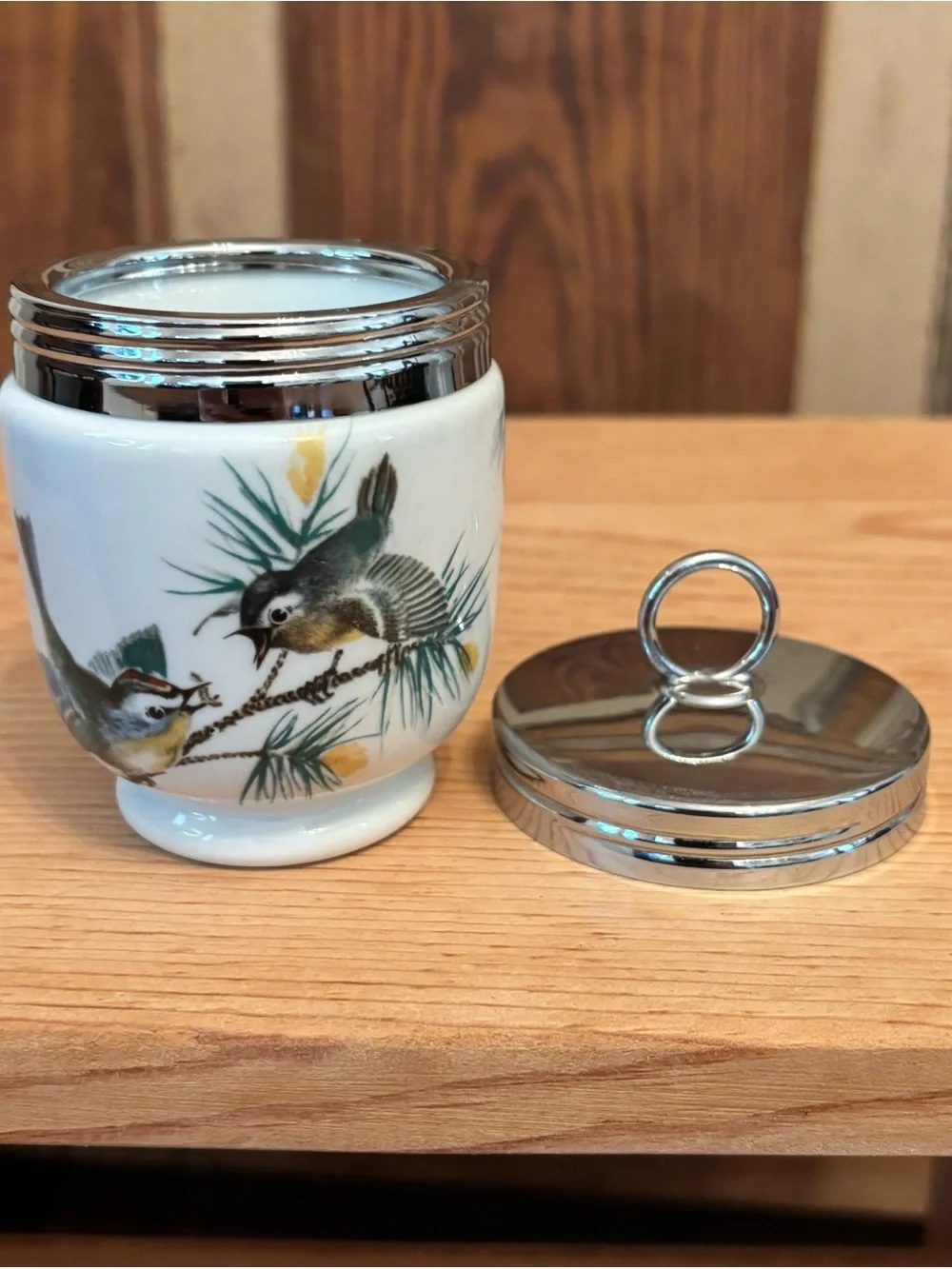 Royal Worcester Porcelain Egg Coddler Cup with Bird Illustration and Silver Lid